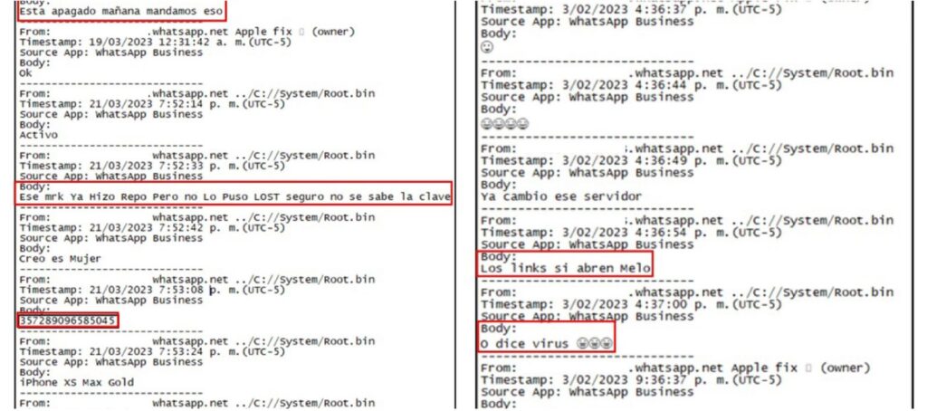 Chats entre los integrantes de la red delincuencial, que evidenciarían sus acciones delictivas